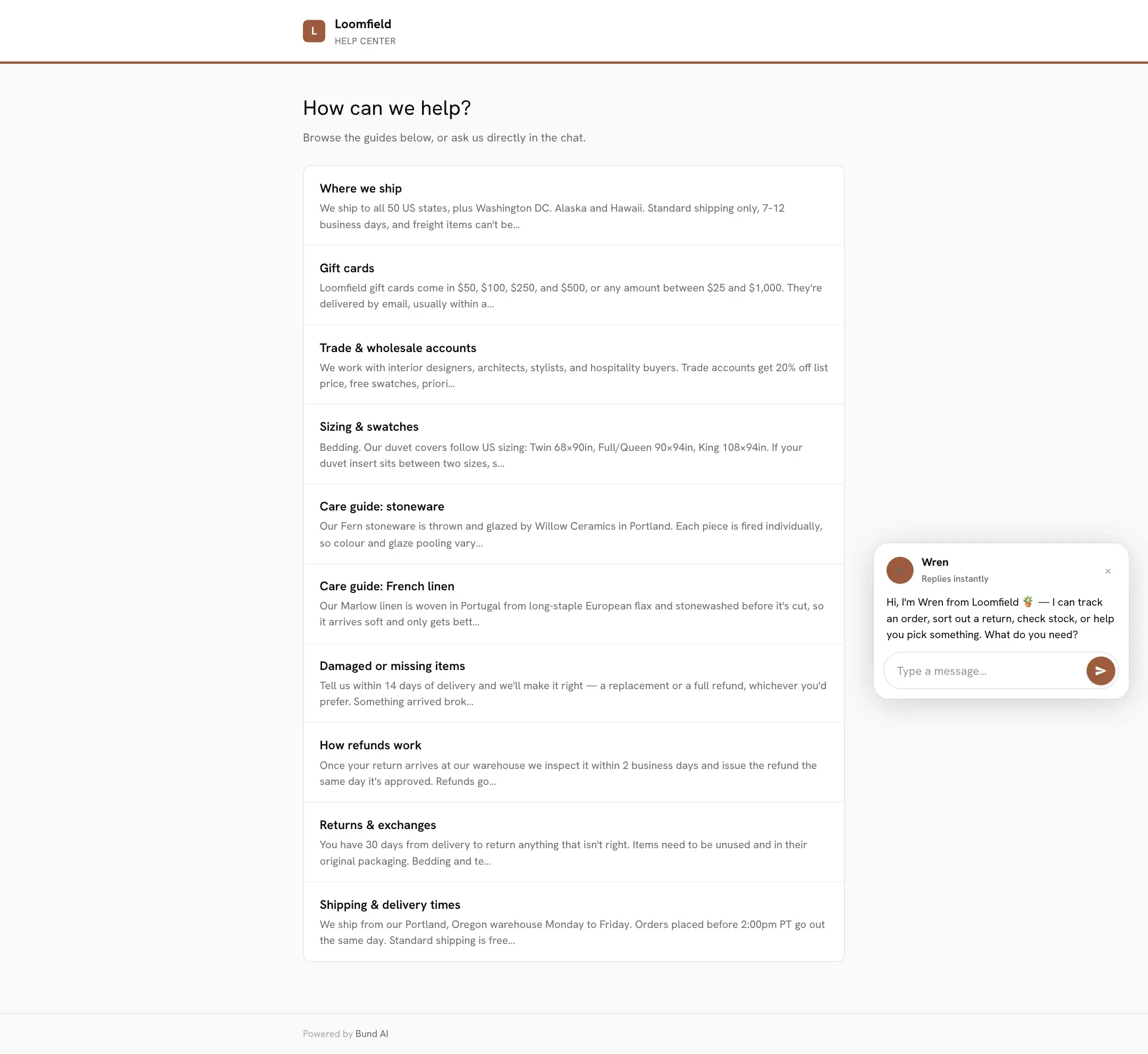 The public help centre generated from the same articles the agent answers from.