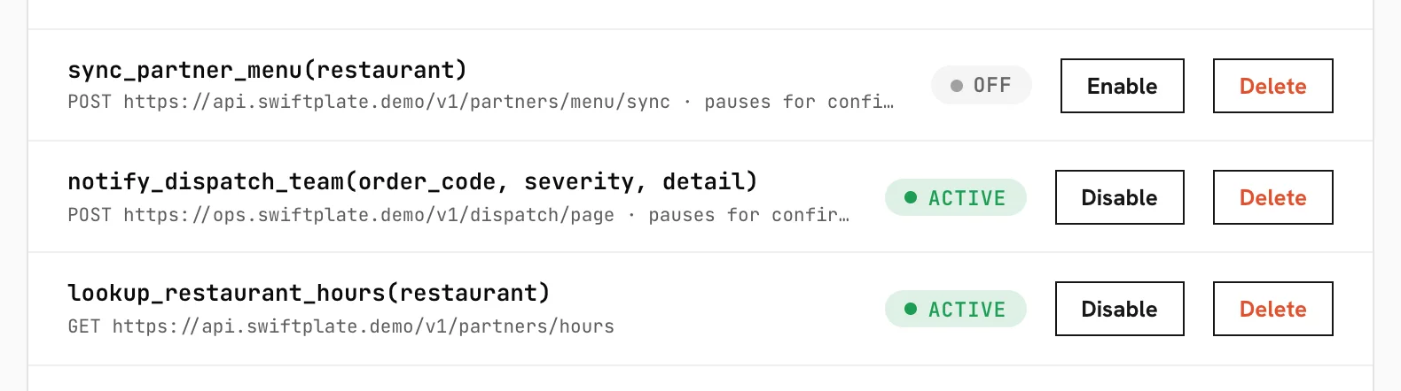 Custom HTTP actions defined by the tenant, each showing its method, endpoint and whether it needs confirmation.