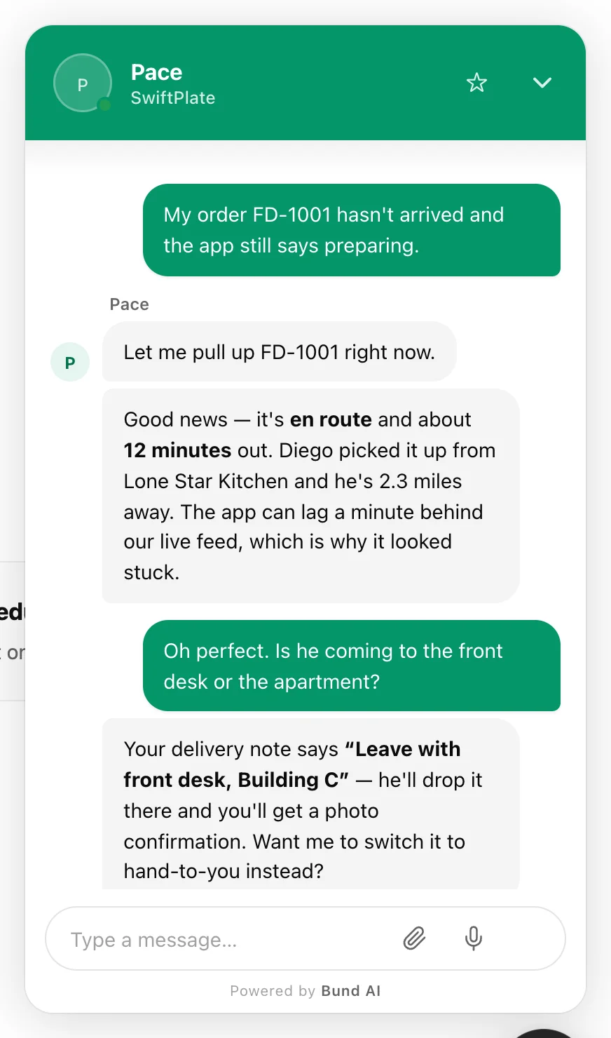 The agent answering a customer in the widget: it looks up the order and reads back the delivery note on file.